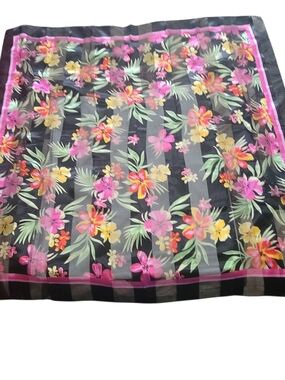 Floral Black Sheer Scarf with Pink & Yellow Blooms